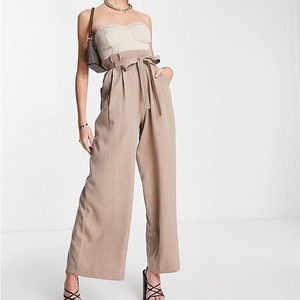 NEW ASOS Design US Size 0 Satin Bust 2 In 1 Bandeau Neck Wide Leg Jumpsuit Stone
